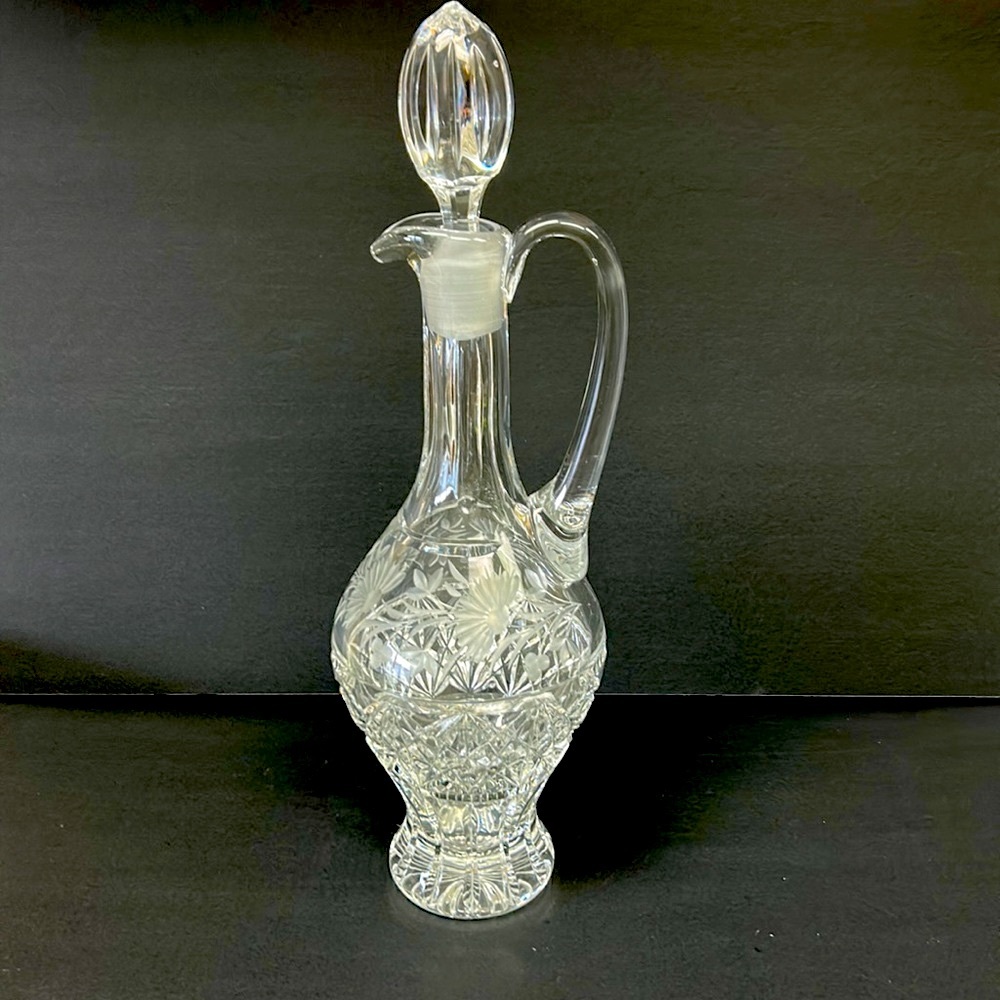 Vintage 15.5” cut crystal tall ewer with etched floral design matching stopper
